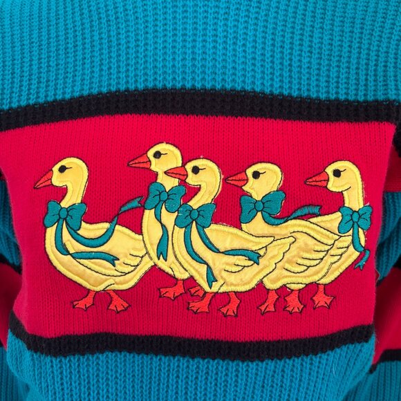 NWT VTG 80s KNITWAVES Ducks with Bows Ribbed Knit Colorblock Sweater SZ 6 - Picture 3 of 11